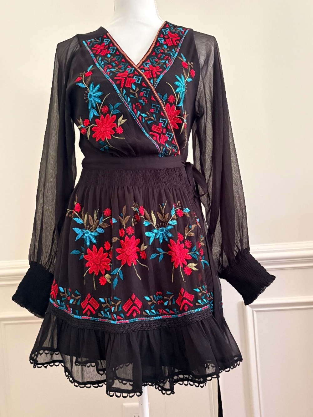 Anthropologie "Not So Serious" Embroidered Wrap Dress Small
